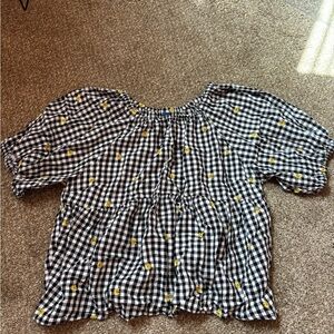 Old Navy Black & White Gingham Off-Shoulder Top with Yellow Floral Accents